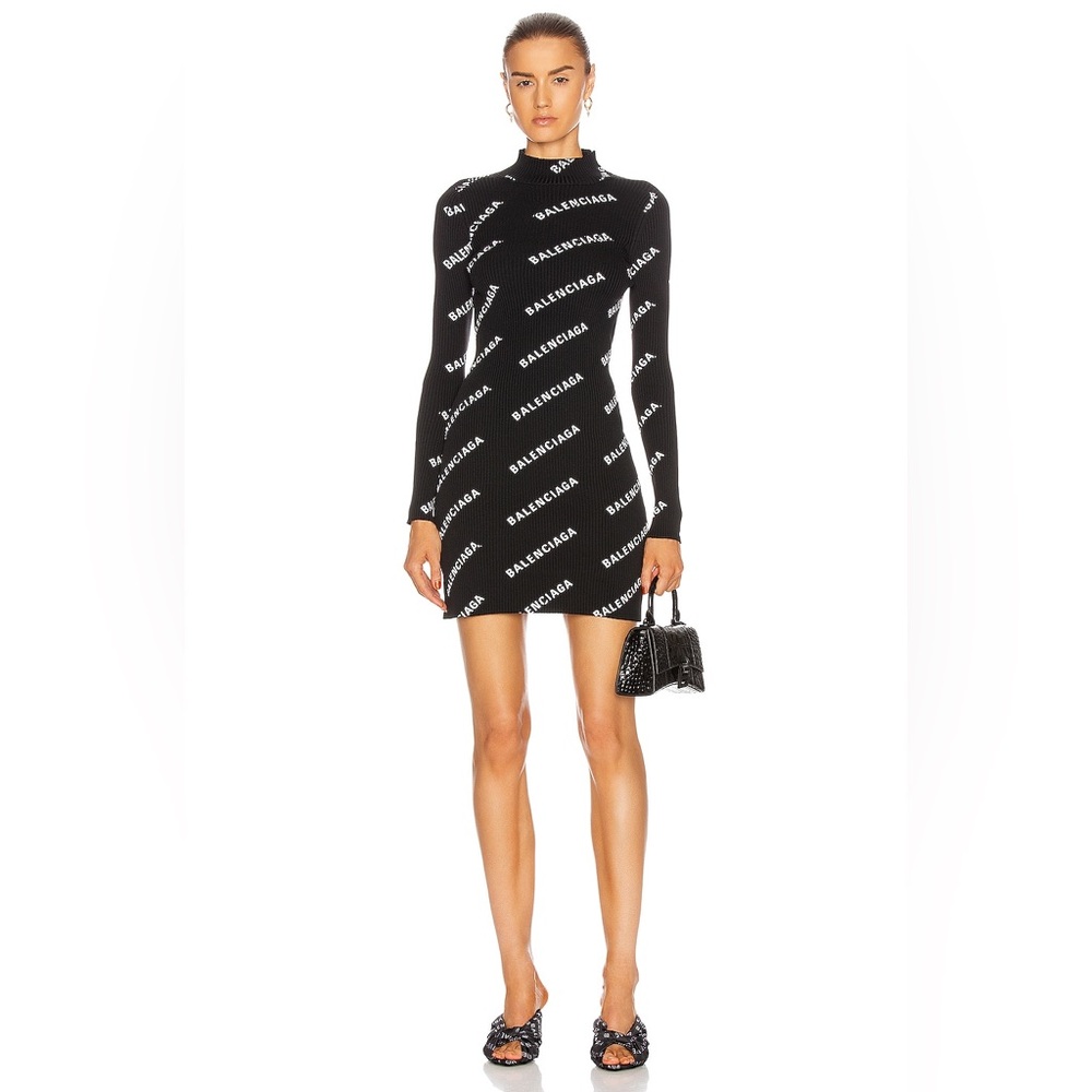 BALENCIAGA Ribbed Black & White Logo Long Sleeve Dress w Mock Neck